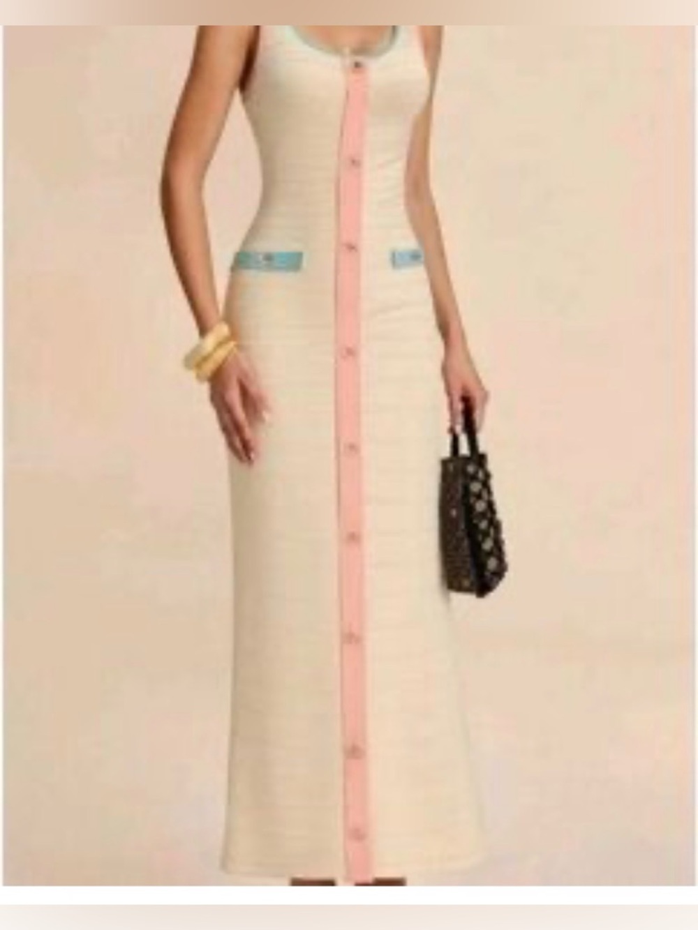 NWT Commense Sleeveless Cream Column Dress with Pink Trim Small